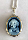 Puppy Dog Blue Agate Cameo Pendant in a Sterling Silver Frame