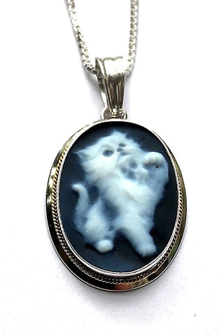 Kitty Cat Blue Agate Cameo Pendant in a Sterling Silver Frame