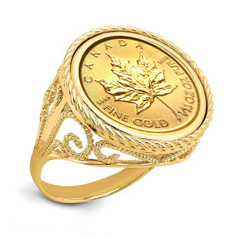 Lacy Rope Coin Ring, 14k Gold with Your Choice of Canadian Maple Leaf or USA Walking Liberty Coin