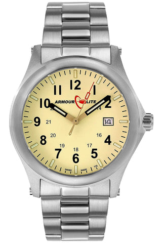 ArmourLite AL102 - Stainless Steel Tritium Field Watch, Shatterproof Armourglass, 100M WR, Cream Dial, Steel Bracelet