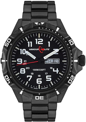 ArmourLite AL1402 - Stainless Steel Tritium Military Watch, Shatterproof Armourglass, 100M WR, Black Dial, Black Steel Bracelet