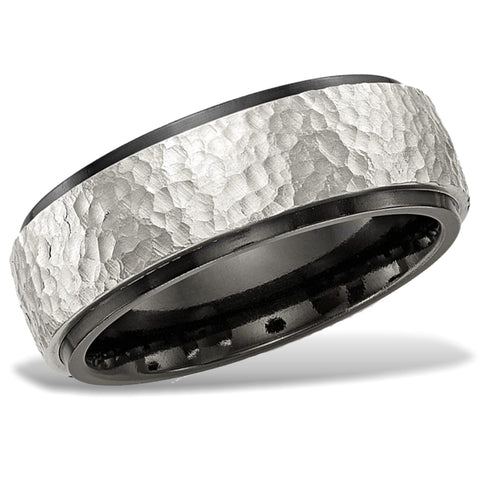 Hammered Argentium Sterling Silver and Black Titanium Wedding Band