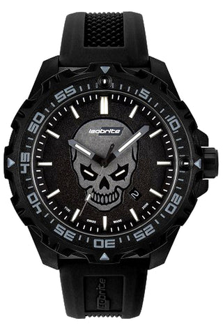 Isobrite ISO3007 - Glowing Skull Tritium T100 Military Watch, Shatterproof Armourglass, 200M WR, Black Dial, Black Band
