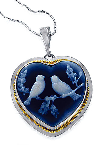 Love Birds Heart Blue Agate Cameo Pendant, Sterling Silver Frame and Chain