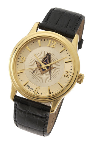 Bulova Blue Lodge Masonic Watch, Goldtone Stainless Steel with Leather Strap
