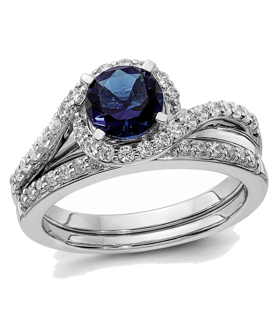 One Carat Sapphire Solitaire in a Diamond Halo Bridal Set, 14k White G ...