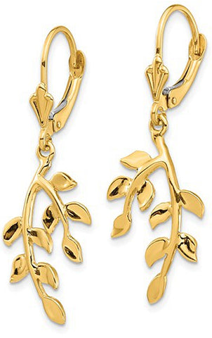 14k Gold Polished Leaves Dangle Leverback Earrings