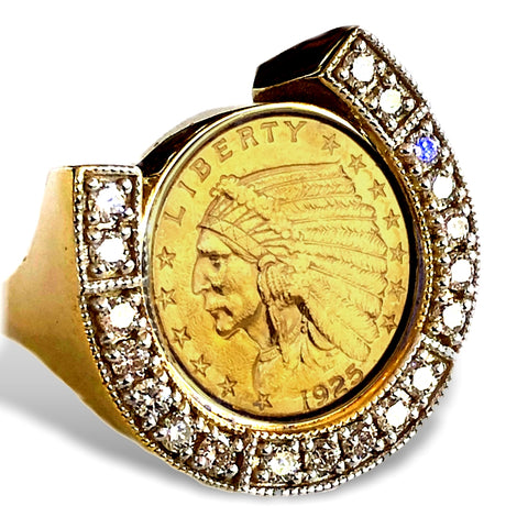LIMITED EDITION - Diamond Horseshoe Indian Quarter Eagle USA Gold Coin Ring, 1 carat tw Diamonds, 14k Gold Ring