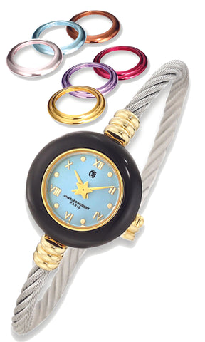 Stainless Steel Bangle Watch with 7 Interchangeable Color Bezels