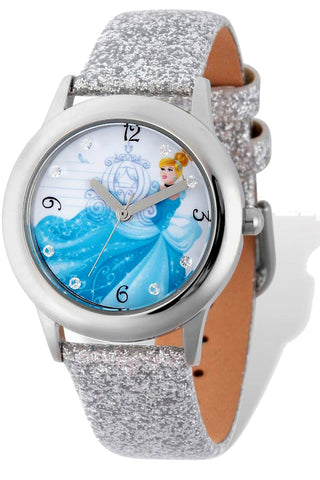Disney Kids Princess Cinderella Tween Watch with Swarovski Crystal Dial, Silver Leather Strap, XWA5408