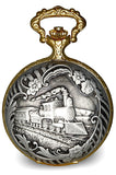 Railroad Closing Cover Pocket Watch, Antiqued Two-Tone Steam Locomotive Case