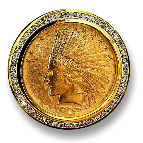 Men's Massive Gold Coin and Diamond Ring, Genuine USA $10 Indian Head Eagle, 1/3 ctw Diamonds
